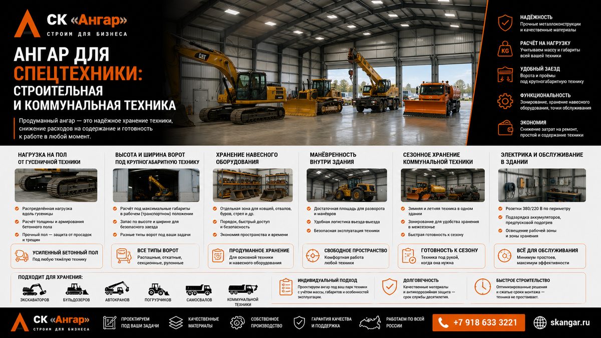 Ангар для спецтехники: строительная и коммунальная техника
