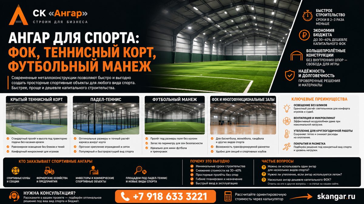 Ангар для спорта: ФОК, теннисный корт, футбольный манеж