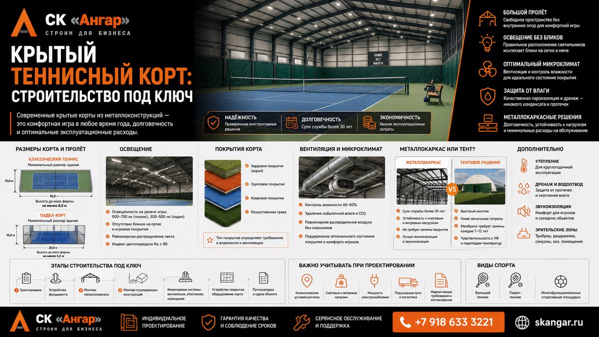 Крытый теннисный корт: строительство под ключ
