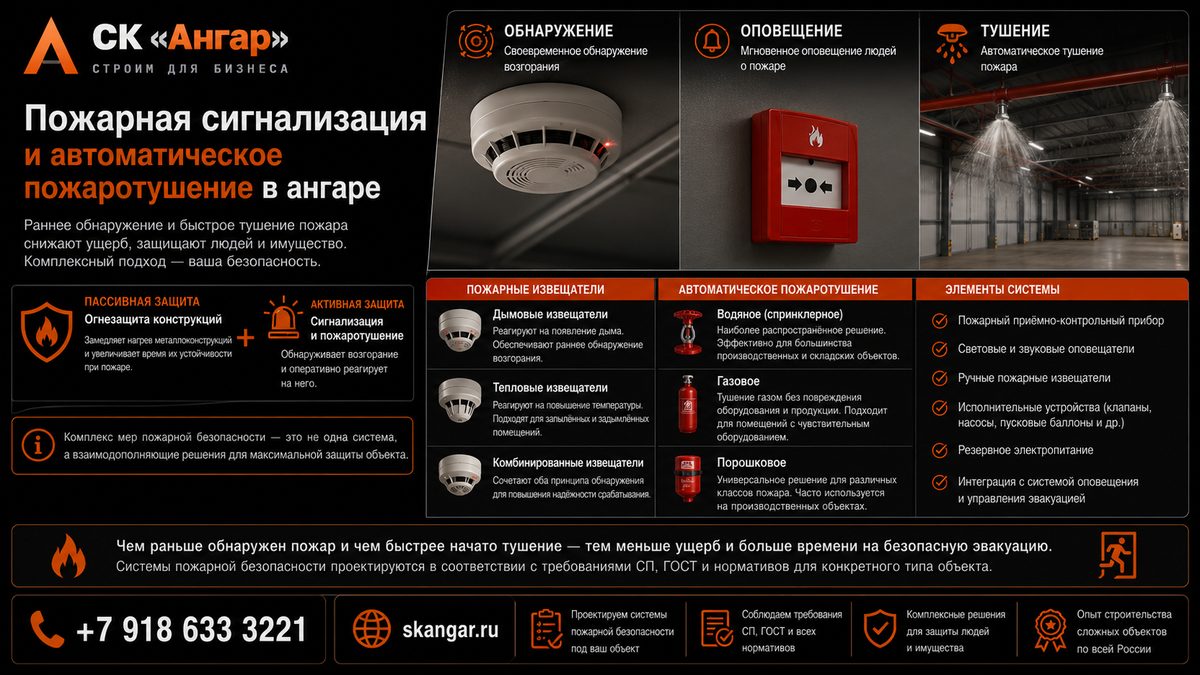 Пожарная сигнализация и автоматическое пожаротушение в ангаре