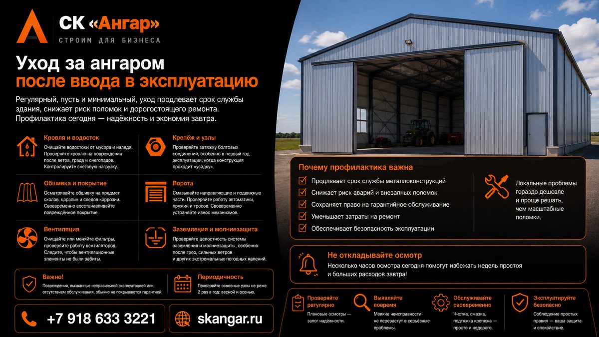 Уход за ангаром после ввода в эксплуатацию